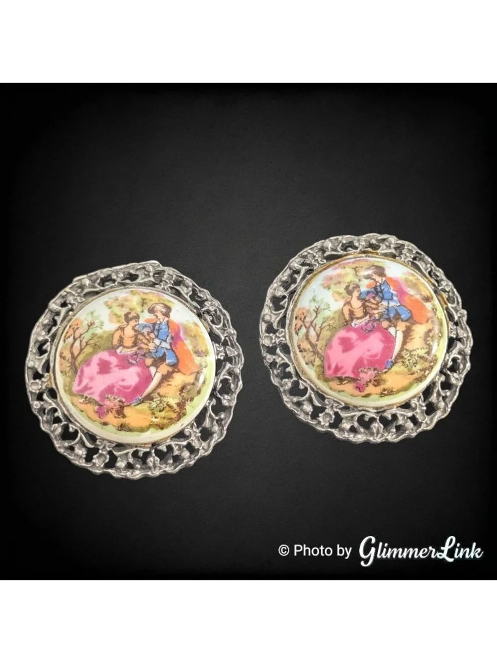 Vintage Tip Toe Porcelain Courting Couple Shoe Clips Silver Tone